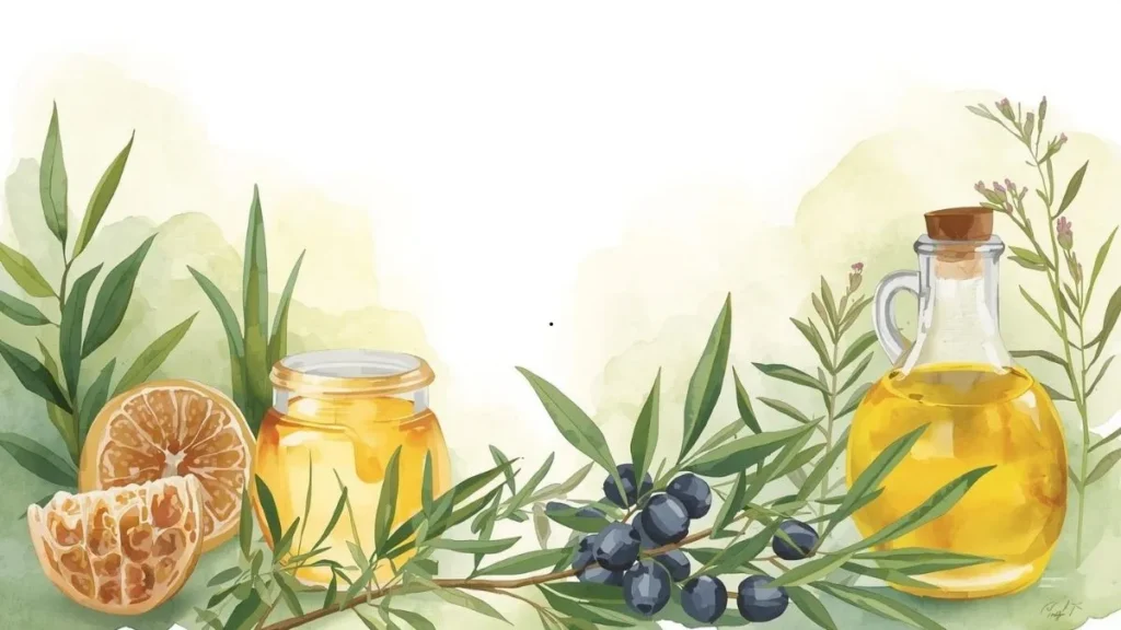 Bal ve zeytinyağı karışımının faydalarını temsil eden doğal ürün görseli