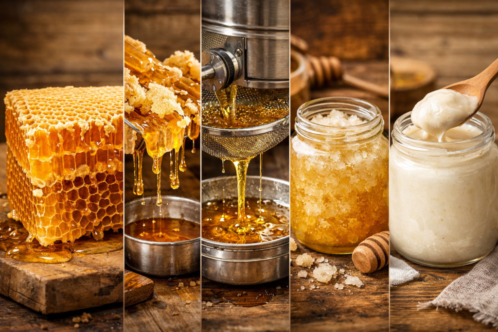 Balın petekten beyaz bala uzanan dönüşümünü gösteren, soldan sağa ilerleyen 2D illüstratif infografik görsel