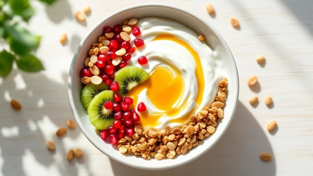 Bal ve meyvelerle hazırlanmış yoğurt kahvaltı kasesi