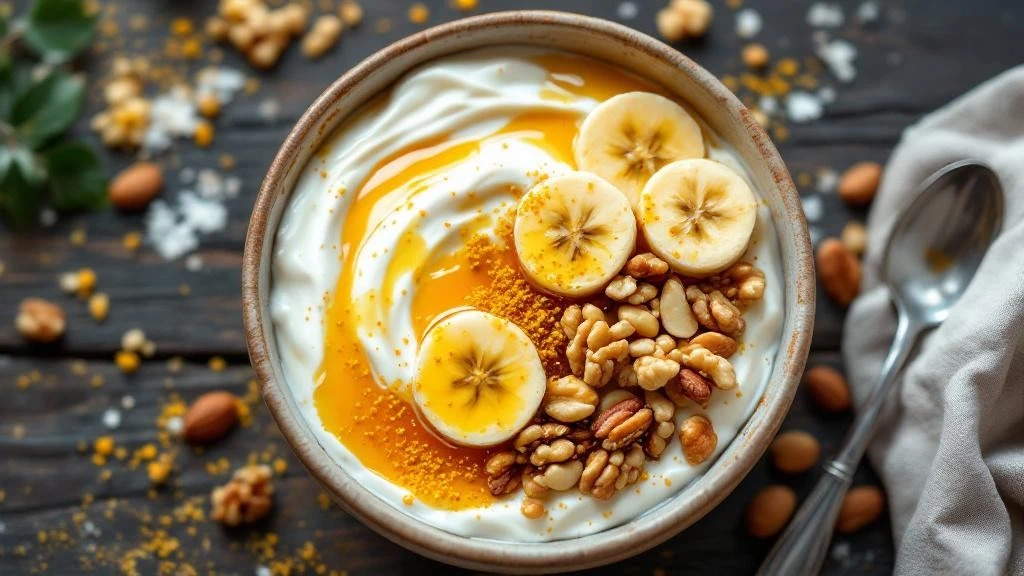 Bal ve polen ile hazırlanmış yoğurt enerji kasesi, meyve ve kuruyemiş ile servis