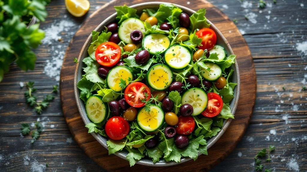 Zeytinyağı ve kekik ile hazırlanmış salata sosu yeşil salata üzerinde