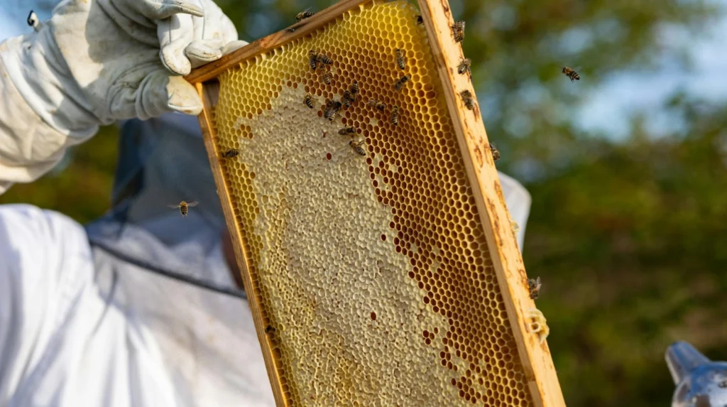 Petek bal çerçevesi tutan arıcı ve bal peteği