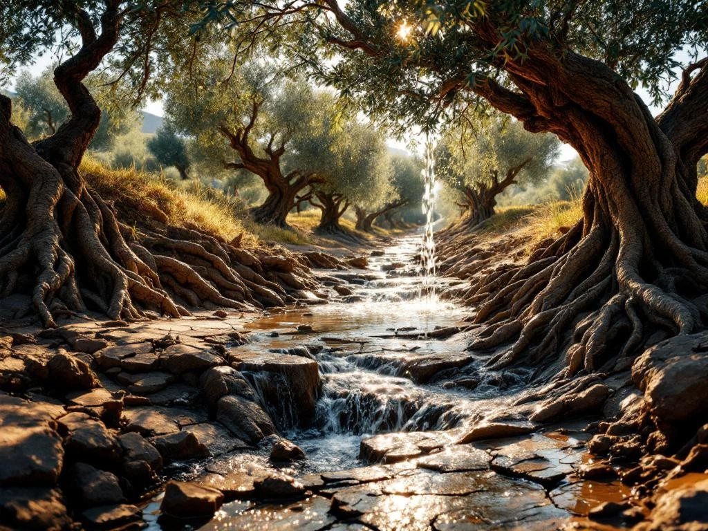 Zeytinlikte doğru sulama sonrası nemlenen toprak ve sağlıklı zeytin ağaçları