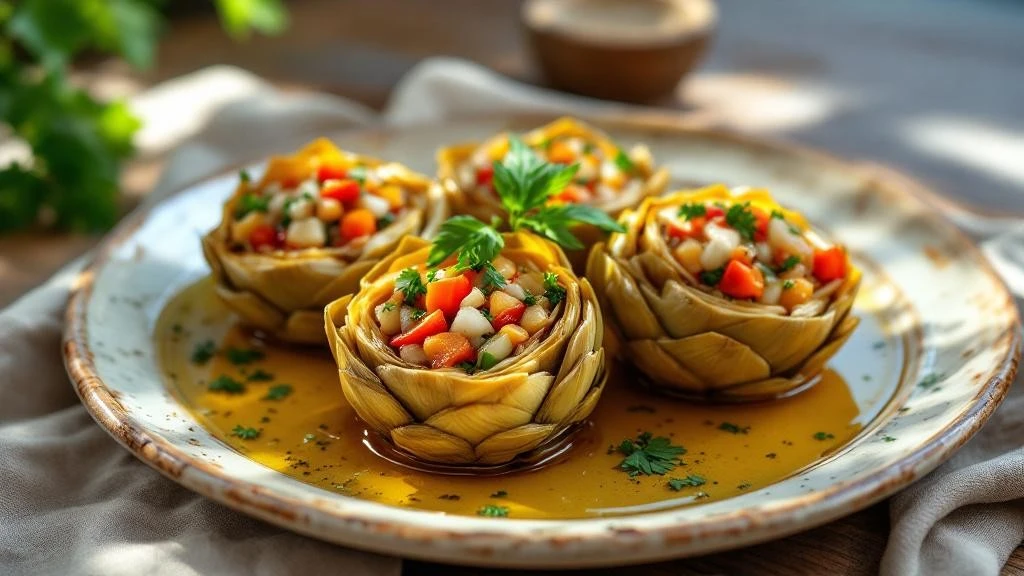 Zeytinyağlı enginar tabağı sebzeler ve zeytinyağı ile servis edilmiş