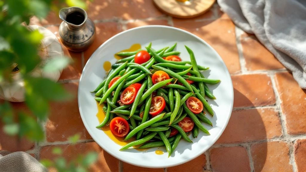 Zeytinyağlı taze fasulye tabağı domates ve zeytinyağı ile hazırlanmış