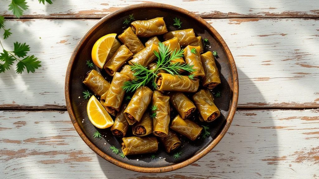 Zeytinyağlı yaprak sarma tabağı limon dilimleri ve zeytinyağı ile servis edilmiş