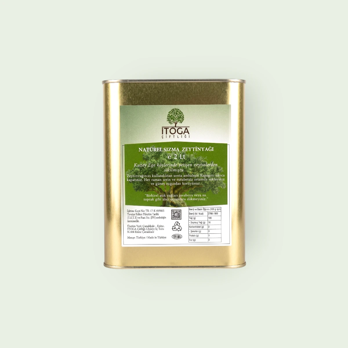Kuzey Ege zeytinlerinden elde edilen İTOGA Naturel Sızma Zeytinyağı 2 litre soğuk sıkım ürün görseli